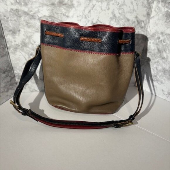 Dooney & Bourke Vintage Drawstring All Weather Leather Bucket Bag Tan Navy - Picture 5 of 14
